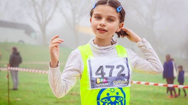 雾天里，一名身穿472号球衣的年轻女孩参加了户外比赛