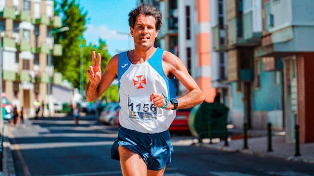 Energetic male athlete running in a city marathon while flashing a peace sign during the day.