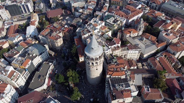 A stunning aerial view of Galata Tower surrounded by Istanbul's vibrant architecture.