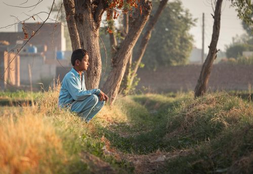 Free A young boy sits pensively by trees in a serene rural landscape. Stock Photo