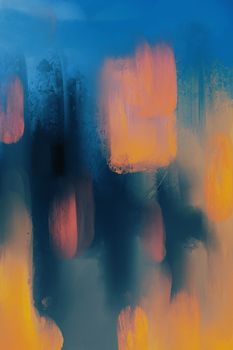 A dynamic abstract painting with vivid orange and blue brushstrokes.