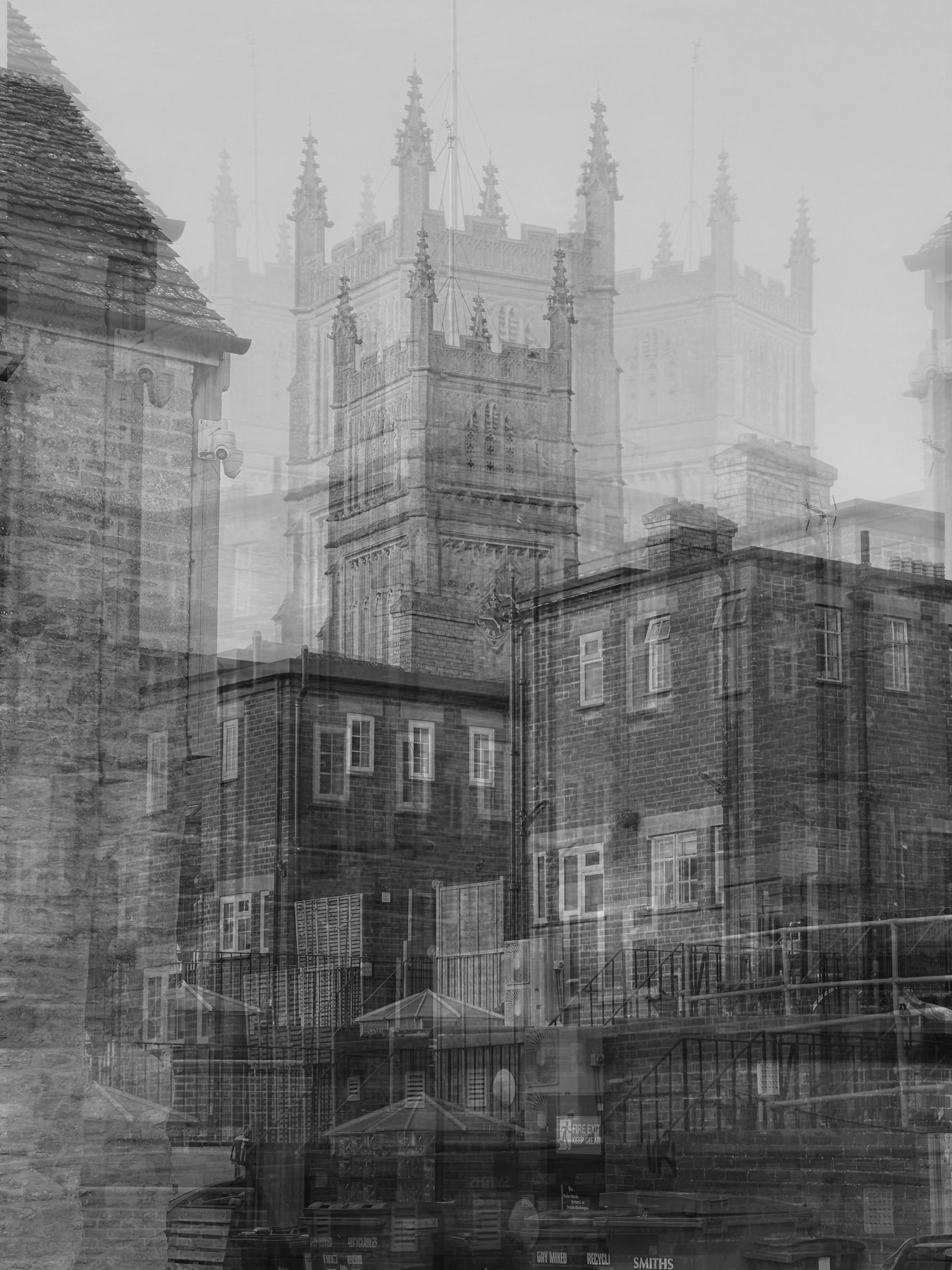Artistic overlap of Swindon city architecture in black and white.