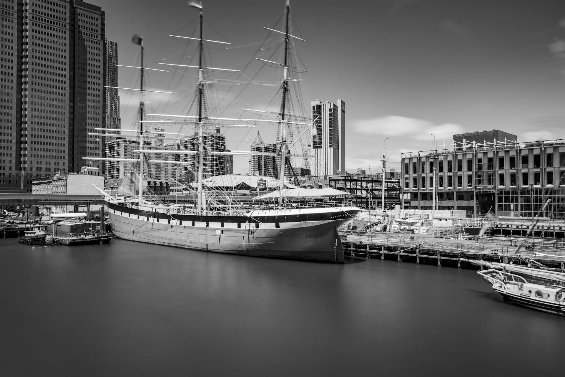 Grayscale Photo of Sail Ship