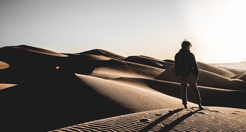 Back view photo of a person standing on desert 