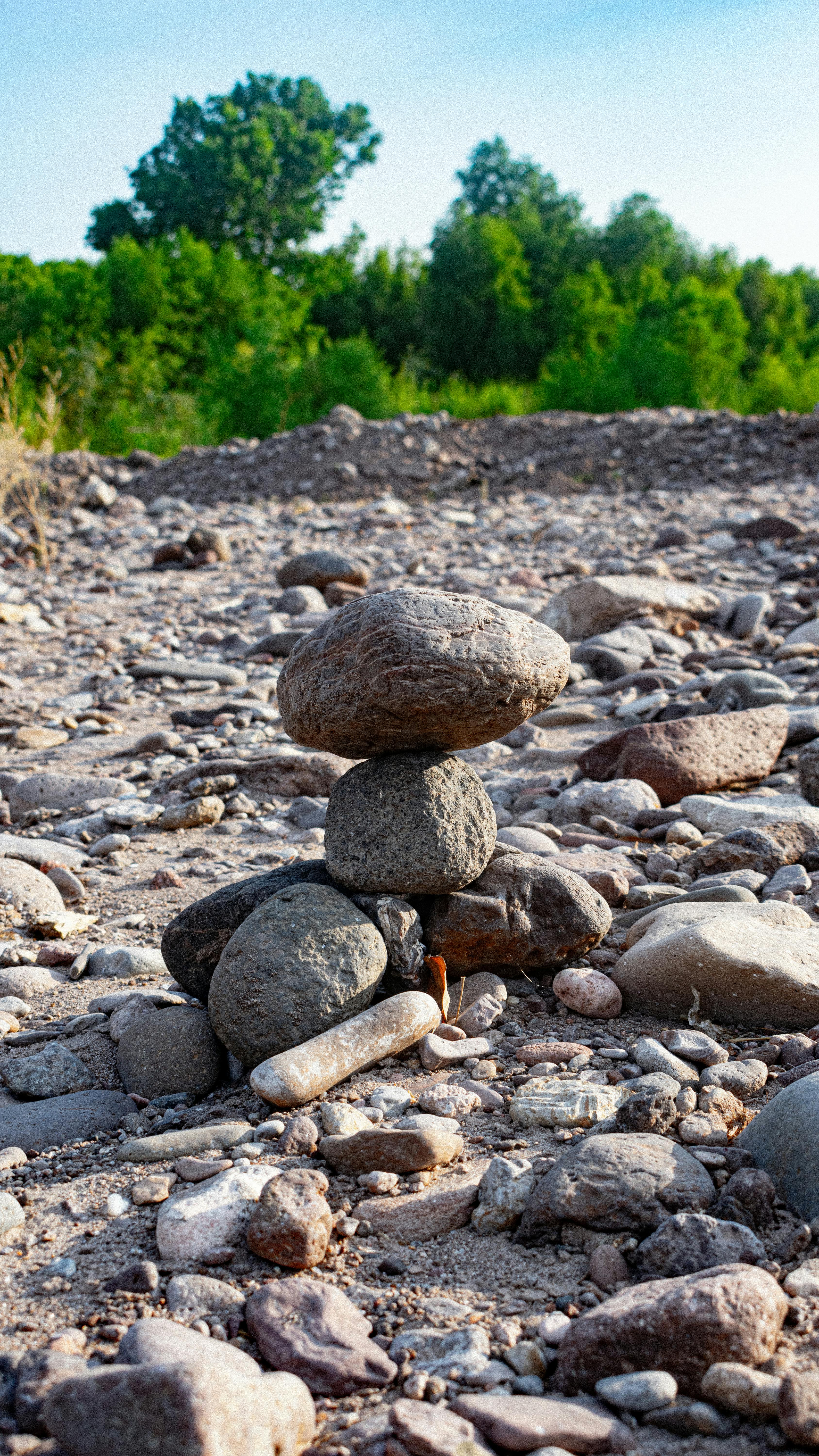 Balanced stones on a gravel riverbed in lush green landscape, summer setting.