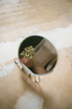 Artistic reflection showing a woman holding daisies in a circular mirror on a textured surface.