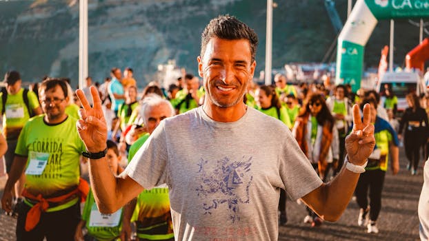 一名快乐的男性马拉松运动员在户外比赛中举着胜利的标志庆祝