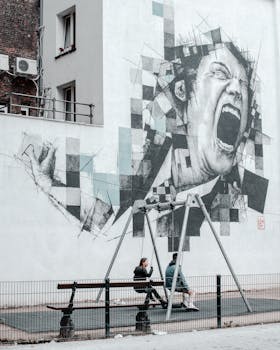 在布鲁塞尔城市公园区，人们坐在秋千上欣赏街头艺术壁画