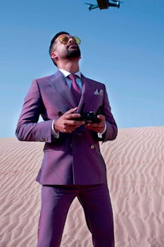 一名身着西装的男子在迪拜沙漠中操作无人机，展现了休闲与科技的结合