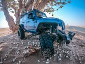 一辆蓝色越野车停在迪拜沙质沙漠的一棵树下，展现了其坚固的悬架