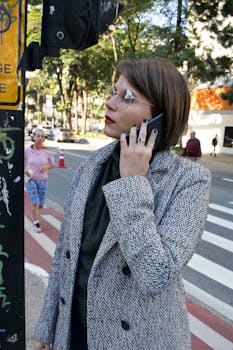 一名时尚女子穿着外套，在城市人行横道上使用智能手机