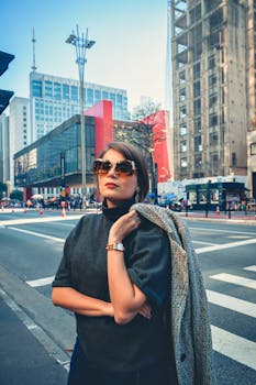 一位戴着太阳镜的时尚女性，在摩天大楼林立的城市街道上摆出姿势