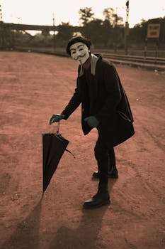 A person in a Guy Fawkes mask poses with an umbrella outdoors on a dirt path, evoking mystery.