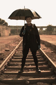 A masked figure stands on a railway holding an umbrella, evoking mystery.