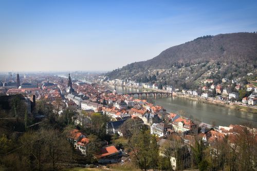 Free A breathtaking aerial view of Heidelberg, Germany with its iconic river and historic architecture. Stock Photo