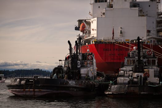 Cargo ship 'Saga Frontier' with tugboats 'Saturn' in a busy harbor.