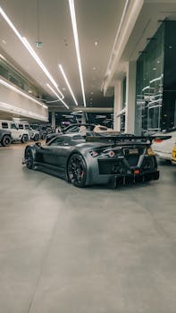 Sleek sports car showcased in modern indoor showroom, highlighting luxury automotive design.