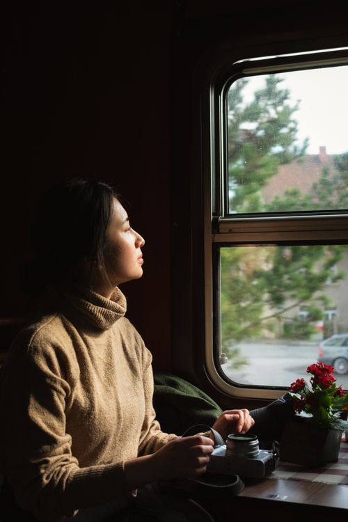 Free Contemplative adult woman looking outside a train window during a calm journey. Stock Photo