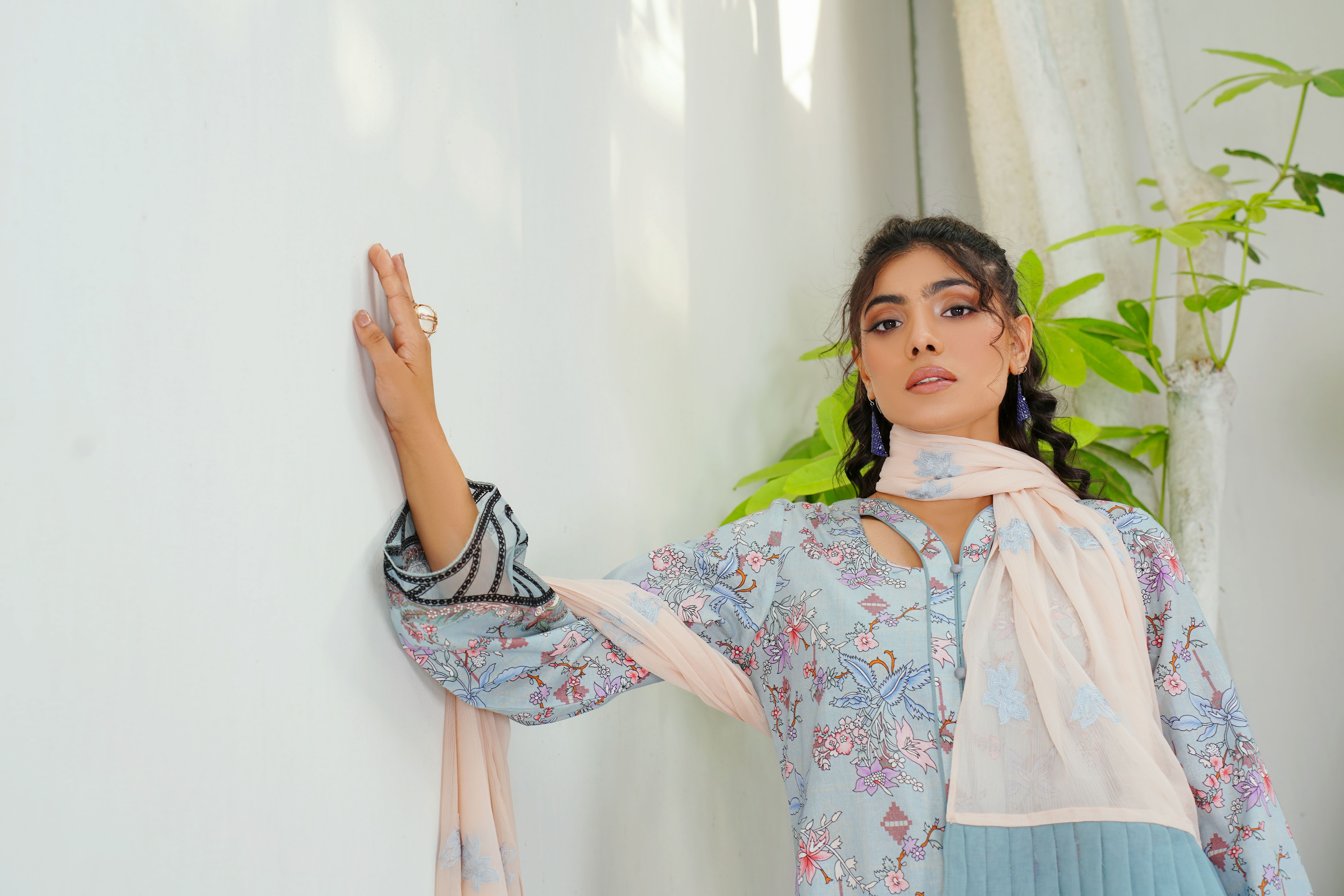 Model in Embroidered Blue Dress and Scarf · Free Stock Photo