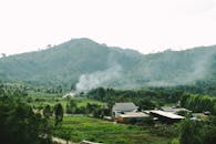 宁静的乡村里，郁郁葱葱的绿野与云雾缭绕的群山，共同营造出自然祥和的氛围