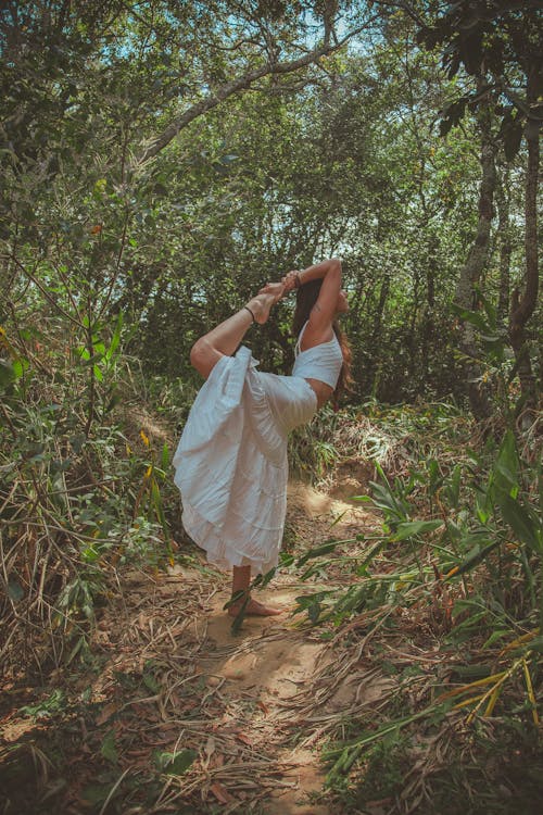 숲에서 요가를하는 여자의 사진