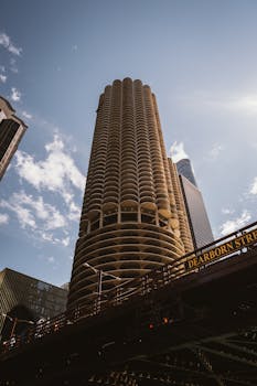 从芝加哥著名的玛丽娜城大厦望去，可见蔚蓝的天空和迪尔伯恩街的标志