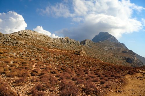 Free Rugged mountain landscape with bushes and rocky terrain beneath a blue sky. Stock Photo