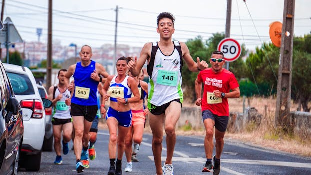 公路比赛的活力场景吸引了多元化的跑步者，展现了健身与竞争的魅力