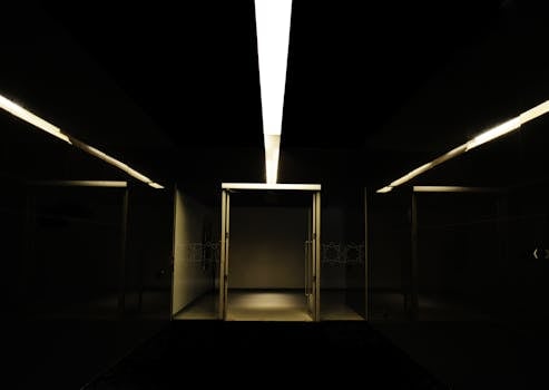 地下走廊黑暗而喜怒无常，配有引人注目的线性照明和钢门