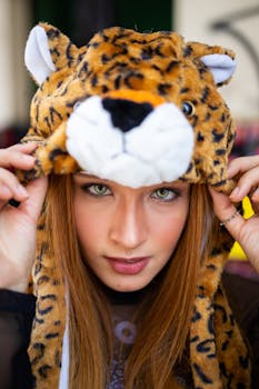 Close-up portrait of a woman wearing a leopard headdress, highlighting her captivating eyes.