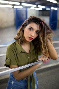 一位年轻时尚的女性在室内自信地摆姿势的肖像