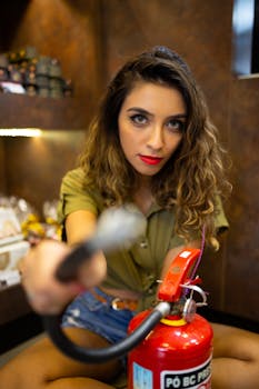 年轻女子手持灭火器，全神贯注地关注安全