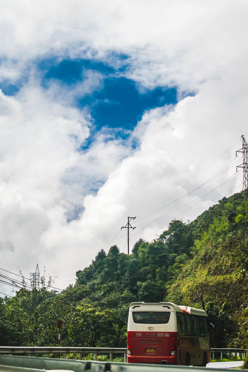 Coach bus on a mountain highway in northern Vietnam