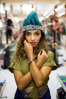 Portrait of a stylish woman wearing a vibrant feathered headpiece in São Paulo.
