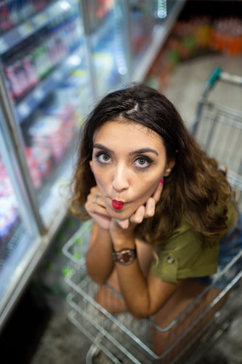 Free High Angle Photo of Woman Sitting in Shopping Cart Stock Photo