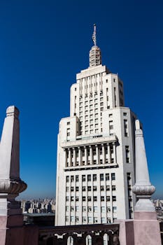 Low angle shot of the striking Altino Arantes Building in São Paulo, Brazil against a clear blue sky.