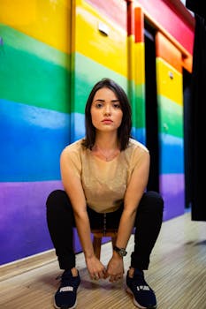 一位年轻女子在室内对着充满活力的彩虹背景摆姿势