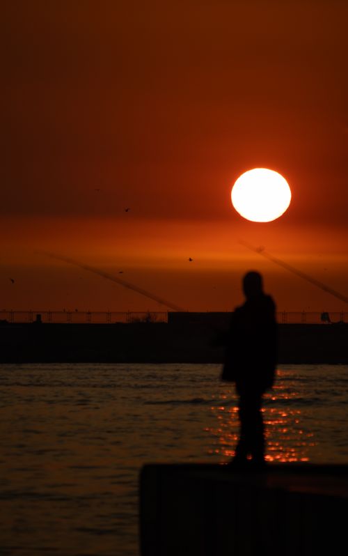 Free Silhouette of a person watching a vibrant sunset over calm ocean waters. Stock Photo