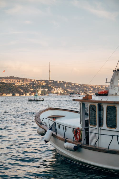 A boat is docked in the water near a city