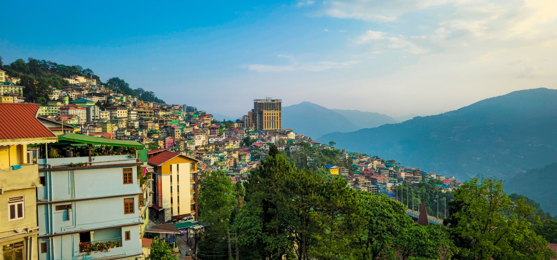 Scenic view of hillside houses in Gangtok city