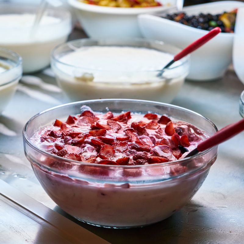 Air Fryer Roasted Strawberry Rhubarb Salad with Honey Yogurt