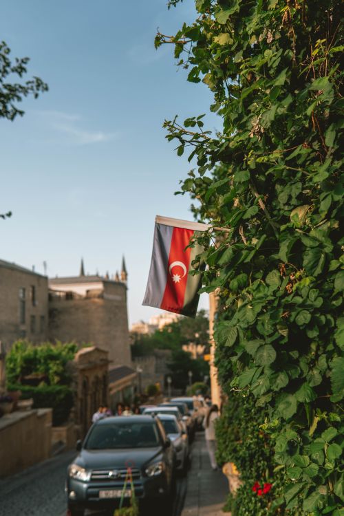Free Azerbaijani flag on a vibrant city street with cars and greenery in sunlight. Stock Photo