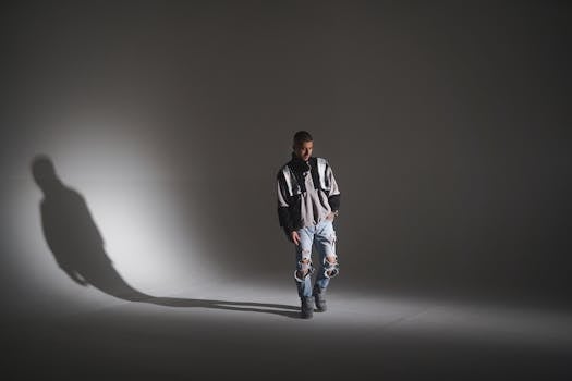 A man in ripped jeans posing in a studio with striking shadow and dramatic light.