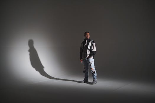 Fashionable man in ripped jeans and jacket standing in a studio with dramatic lighting and shadow.
