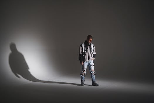Man wearing a stylish jacket and jeans, casting a shadow in a studio setting.