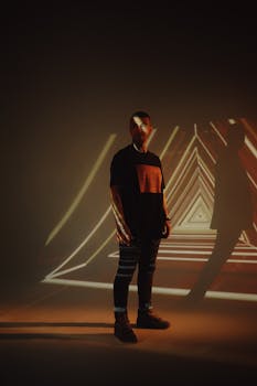 A stylish male model in a dramatic studio, illuminated by modern geometric lighting.