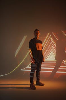 Fashion model in a studio with geometric light projections on a warm backdrop.