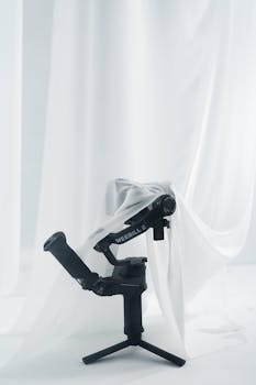 Editorial photo of a professional gimbal covered with white fabric in a minimalistic studio setting.
