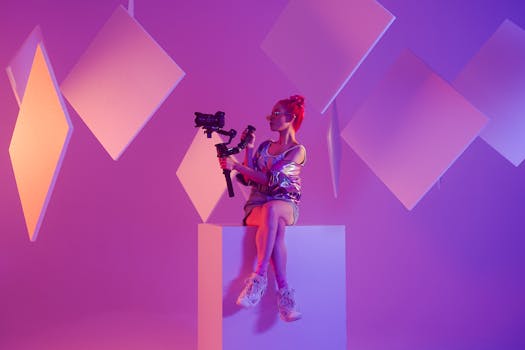 A fashionable woman with a camera in a vibrant, futuristic studio setting.