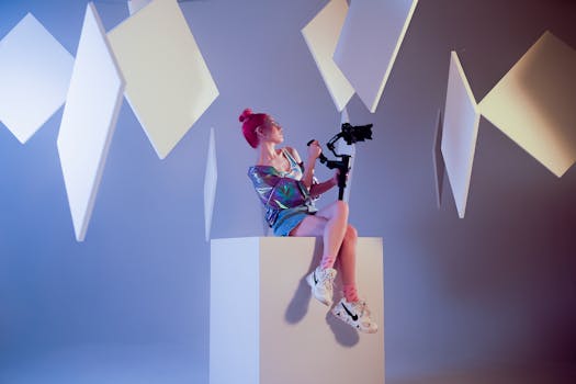 Woman with camera in a modern studio with floating abstract panels, capturing creativity.